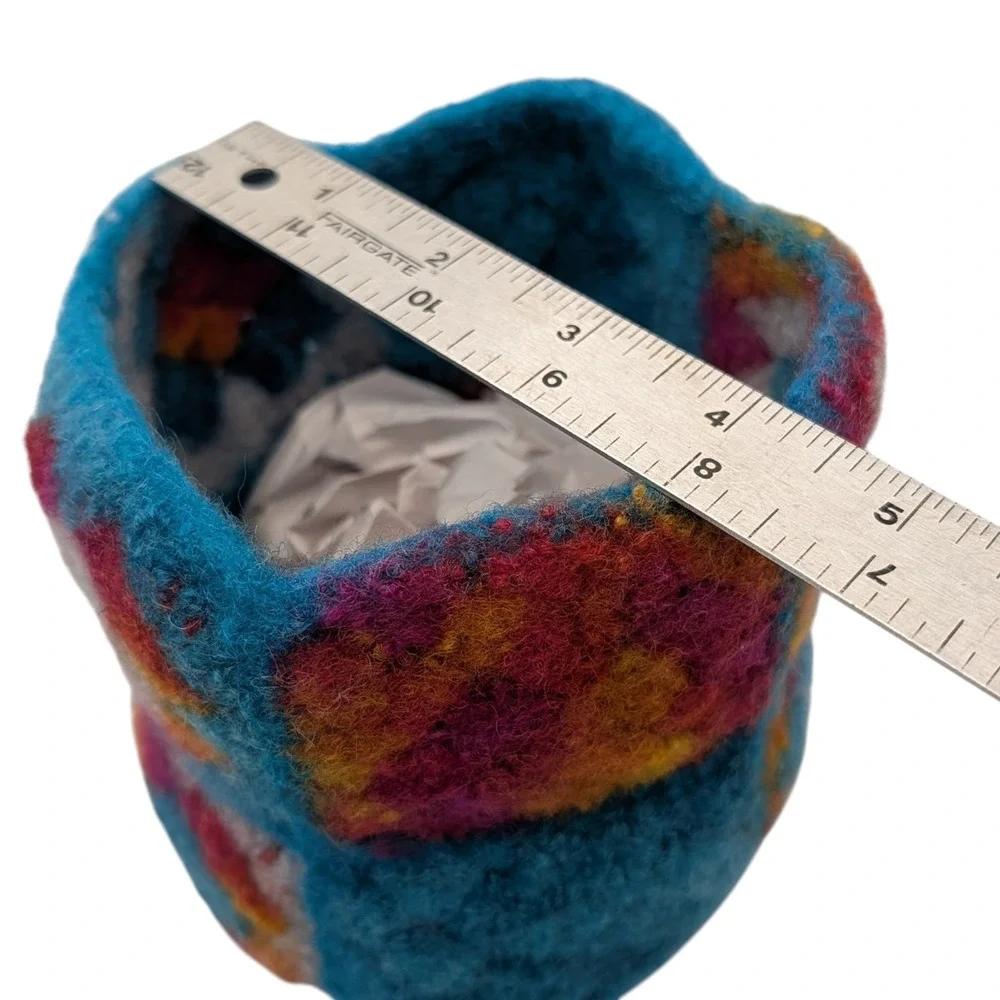 Vintage Handmade Felted Basket Crocheted Turquoise Round Granny Square Wool